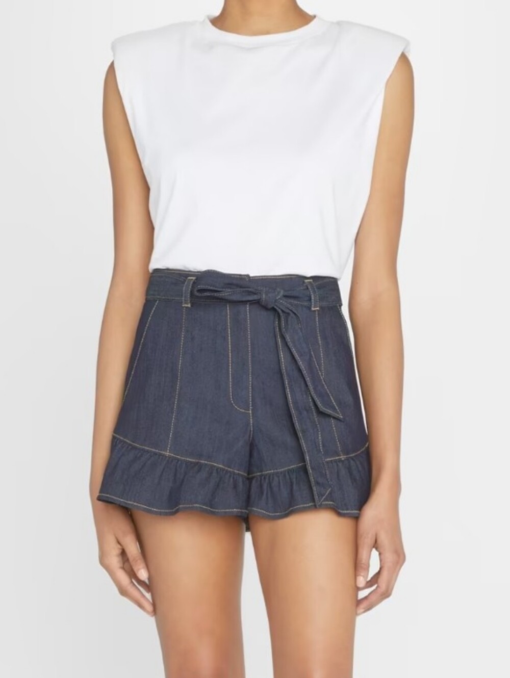 Cinq à Sept Penny Ruffle Hem Belted Denim Shorts Size 10